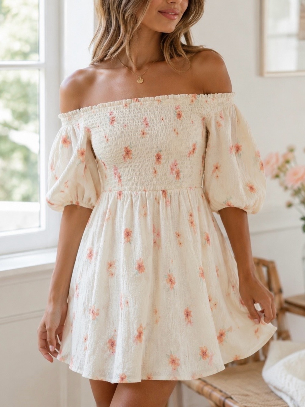 Forever 21 Floral Off Shoulder Smocked Mini Dress Size Large Ivory Pink